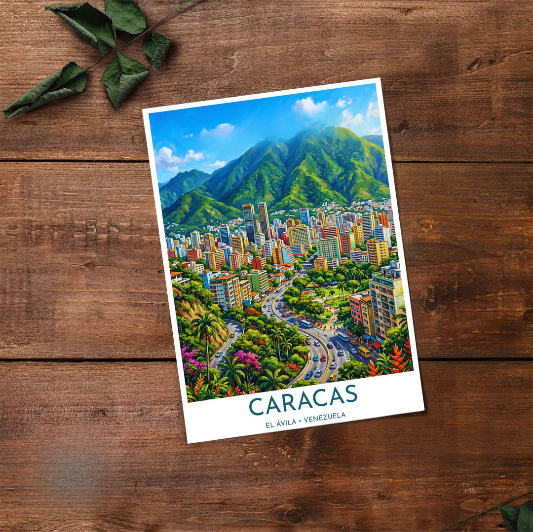 Artistic cityscape illustration capturing the emerald green, cobalt blue, bright magenta, and golden yellow tones of Caracas. Made by MapYourDreams, this artistic composition can be purchased as an unframed print, elegantly mounted in wood frames, or produced on stretched canvas.
