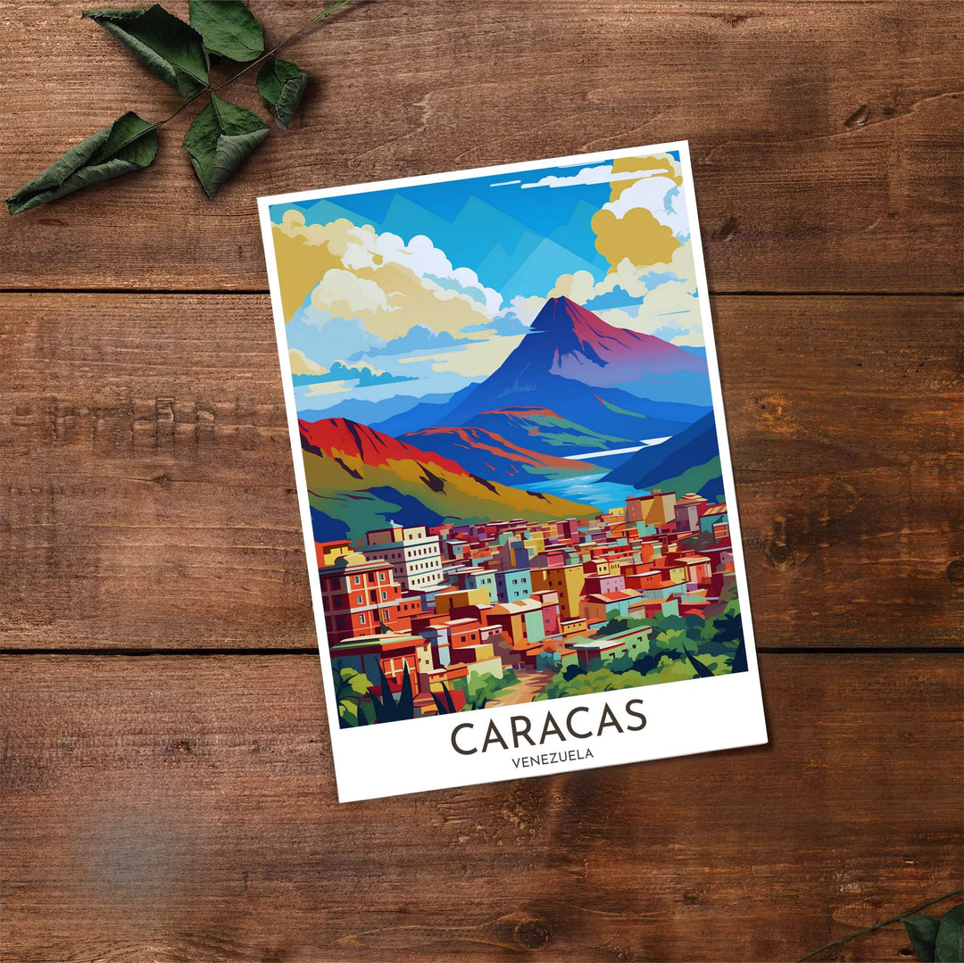 Artistic mountain illustration capturing the crimson red, deep purple, turquoise, and golden yellow tones of Caracas. Made by MapYourDreams, this artistic composition can be purchased as an unframed print, elegantly mounted in wood frames, or produced on stretched canvas.