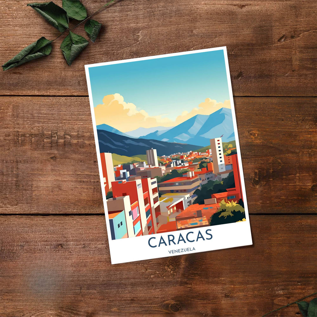 Artistic cityscape illustration capturing the warm terracotta red, golden yellow, and deep indigo blue tones of Caracas. Made by MapYourDreams, this artistic composition can be purchased as an unframed print, elegantly mounted in wood frames, or produced on stretched canvas.