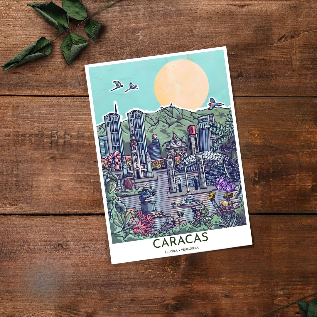 Artistic collage illustration capturing the mint teal, golden peach, fuchsia pink, and dark green tones of Caracas. Made by MapYourDreams, this artistic composition can be purchased as an unframed print, elegantly mounted in wood frames, or produced on stretched canvas.