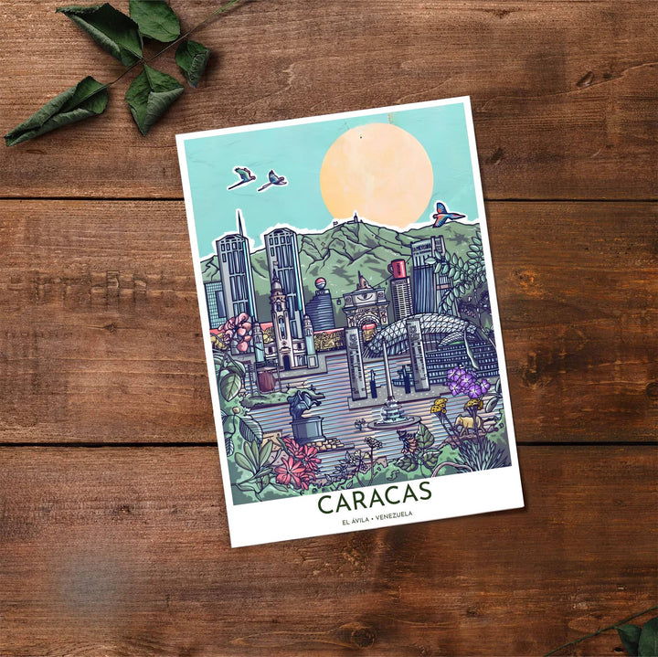 Artistic collage illustration capturing the mint teal, golden peach, fuchsia pink, and dark green tones of Caracas. Made by MapYourDreams, this artistic composition can be purchased as an unframed print, elegantly mounted in wood frames, or produced on stretched canvas.