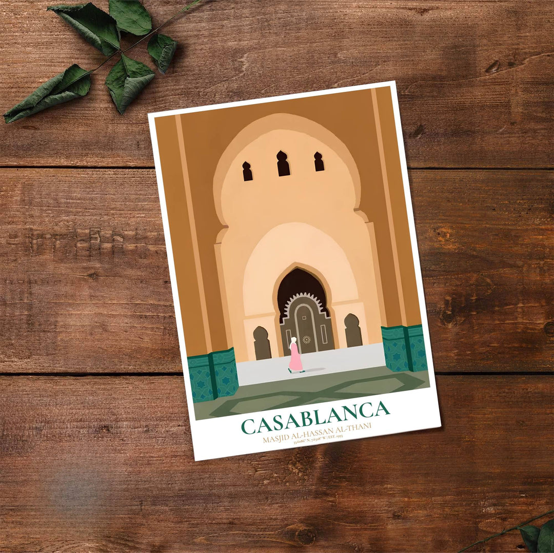 Fine art travel poster of Hassan II Mosque Casablanca with clean title text and subtitle reading Masjid Al-Hassan Al-Thani. Provided by MapYourDreams, this artwork is available in flexible options including unframed paper, custom wooden frames, and gallery canvas wraps for contemporary setups.