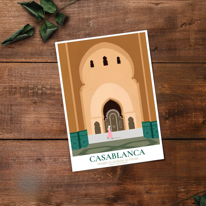 Fine art travel poster of Hassan II Mosque Casablanca with clean title text and subtitle reading Masjid Al-Hassan Al-Thani. Provided by MapYourDreams, this artwork is available in flexible options including unframed paper, custom wooden frames, and gallery canvas wraps for contemporary setups.