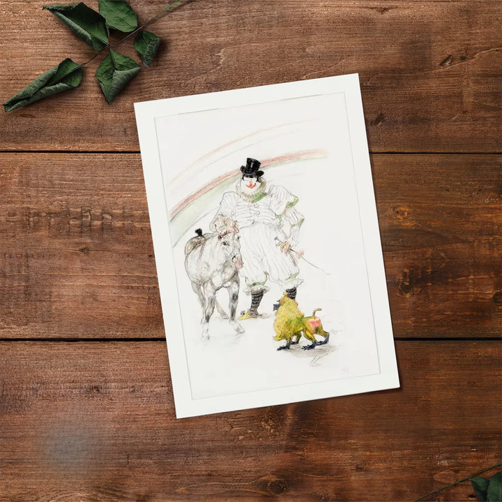 Fine art travel poster style print of Cheval Et Singe Dresses (1899), Henri de Toulouse-Lautrec illustrating a ringmaster, horse, and monkey in Paris, France. Select premium framed wall art, unframed paper prints, and stretched canvas decor options at MapYourDreams for a focal point.