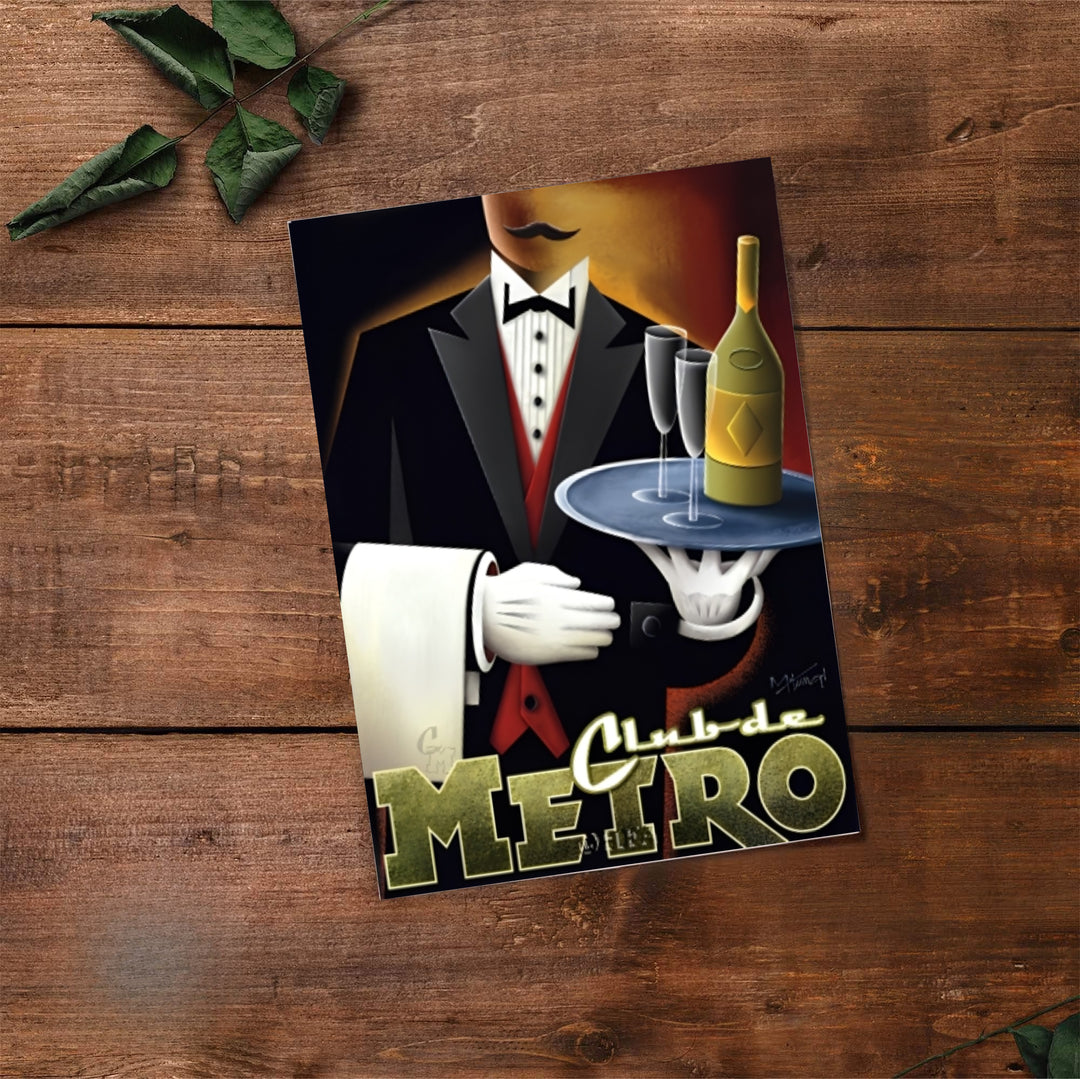 Retro graphic print of a formal waiter holding a silver tray with champagne flutes at Club de Metro, available at MapYourDreams where you can select from unframed paper prints, gallery canvas, or custom framed wall art options for modern cocktail lounge decor setups.