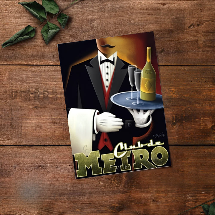 Retro graphic print of a formal waiter holding a silver tray with champagne flutes at Club de Metro, available at MapYourDreams where you can select from unframed paper prints, gallery canvas, or custom framed wall art options for modern cocktail lounge decor setups.