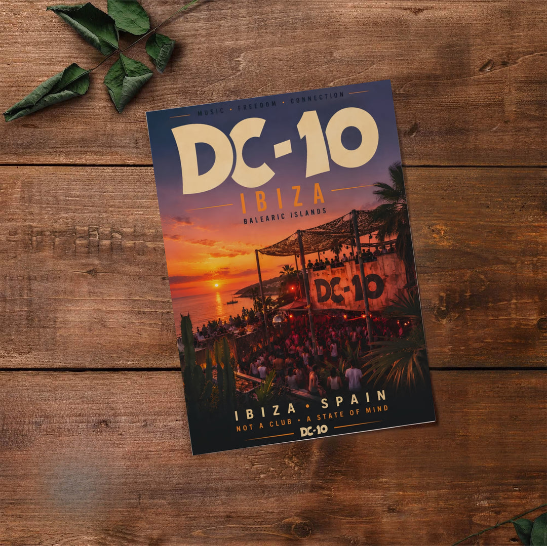 Balearic music culture print featuring twilight terrace lights and coastal waters at DC-10 in Ibiza, Spain, provided by MapYourDreams with options for an unframed paper print, gallery wrapped canvas, or custom framed presentation styles for modern apartments.