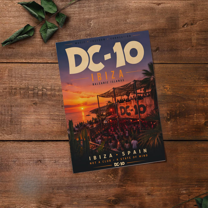 Balearic music culture print featuring twilight terrace lights and coastal waters at DC-10 in Ibiza, Spain, provided by MapYourDreams with options for an unframed paper print, gallery wrapped canvas, or custom framed presentation styles for modern apartments.