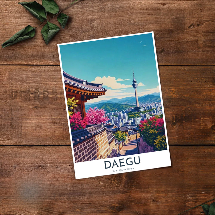 High-contrast line art travel print of Daegu, South Korea, featuring magenta azaleas, textured brickwork walls, and a clear view of 83 Tower against a turquoise sky. Offered by MapYourDreams, this artwork is available in flexible options including unframed paper, custom wooden frames, and gallery canvas wraps.