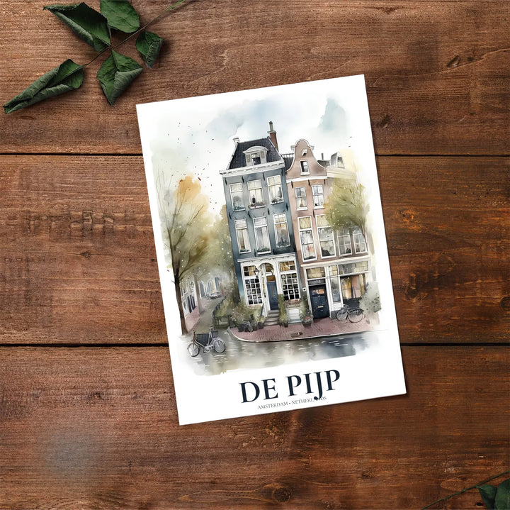 Chic watercolor travel print of historic storefronts and gabled roofs in the De Pijp quarter of Amsterdam, available at MapYourDreams where you can select from unframed paper prints, gallery canvas, or custom framed wall art options for modern home decor setups.