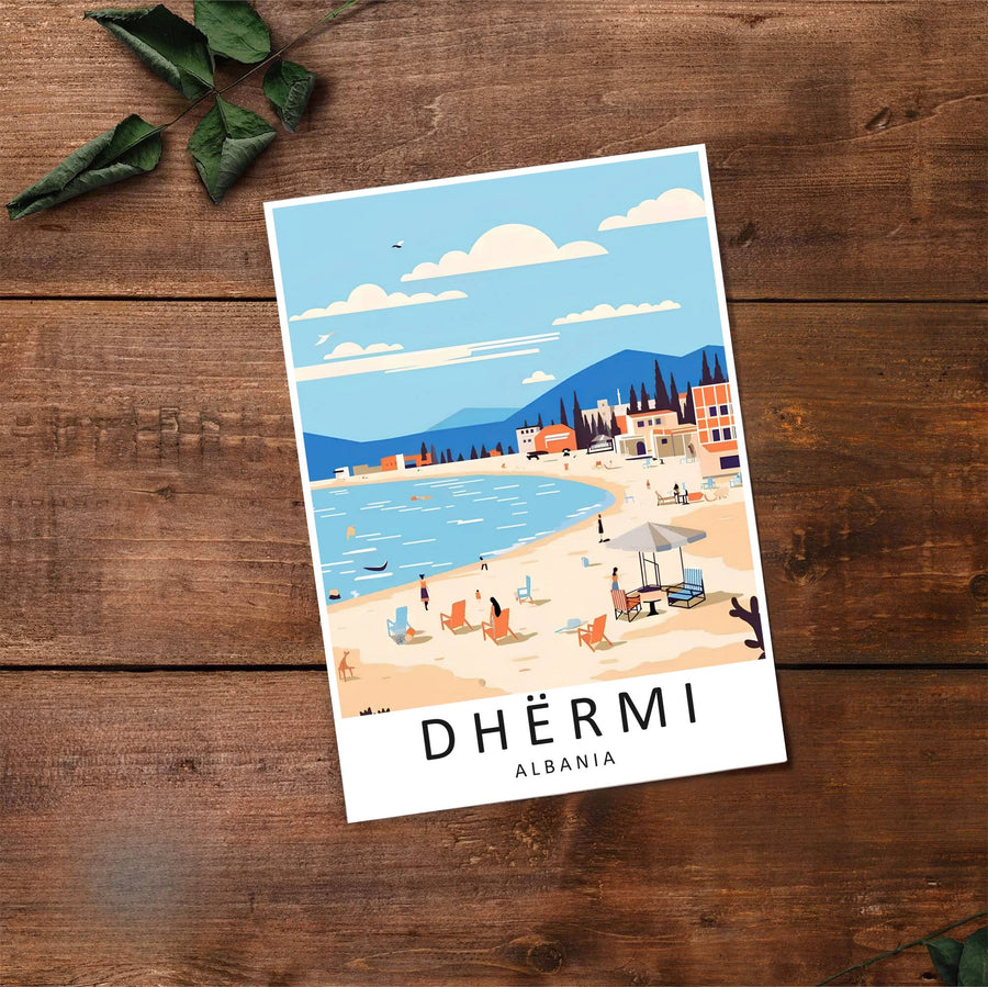 Fine art travel poster displaying the beach resort of Dhërmi with sunny skies, sunbathers, and coastal mountain slopes in the background. Offered by MapYourDreams, this artwork is available in flexible options including unframed paper, custom wooden frames, and gallery canvas wraps.