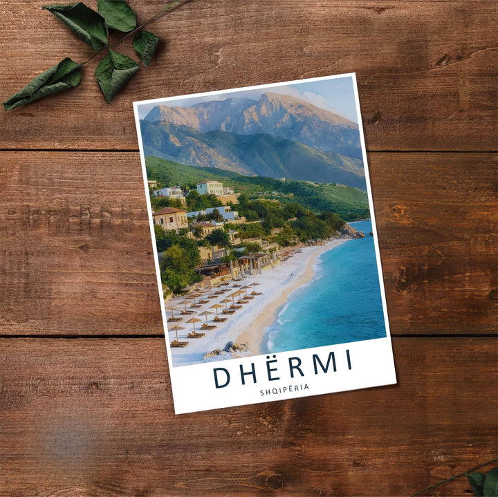 Sunshine reflects off the blue bay of Dhërmi in southern Albania, creating an inviting beachscape print for coastal home interiors. Choose from flexible display setups including unframed archival paper, wooden frames, or wrapped canvas formats.