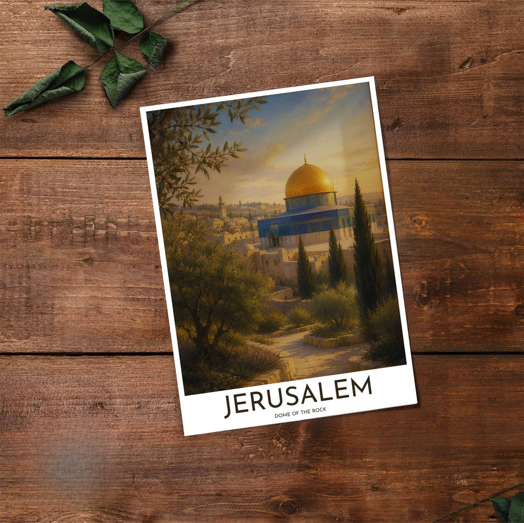 Fine art travel poster of Dome of the Rock Jerusalem with clean title text reading JERUSALEM DOME OF THE ROCK. Provided by MapYourDreams, this artwork is available in flexible options including unframed paper, custom wooden frames, and gallery canvas wraps for contemporary setups.