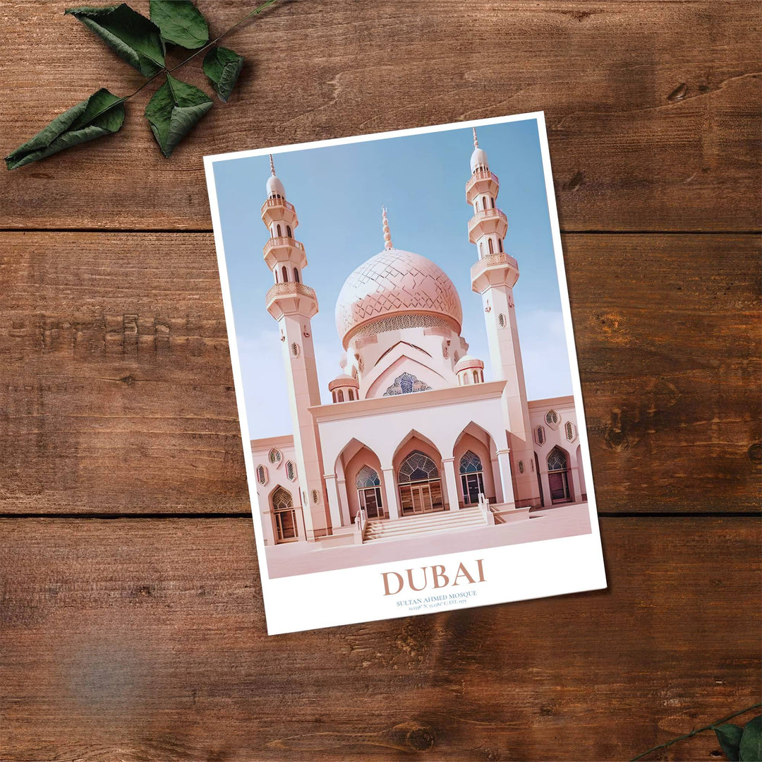 High detail vector print depicting Dubai Jumeirah Mosque facade, lattice dome, and pointed arch portico in pastel pink. Brought by MapYourDreams, this artwork is available in flexible options including unframed paper, custom wooden frames, and gallery canvas wraps for study room decor.