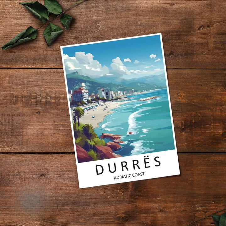 Fine art travel poster showing Durrës Beach with white-capped waves, palm trees, and coastal hotels illuminated by soft sunlight. Choose from flexible display setups including unframed archival paper, wooden frames, or wrapped canvas formats.