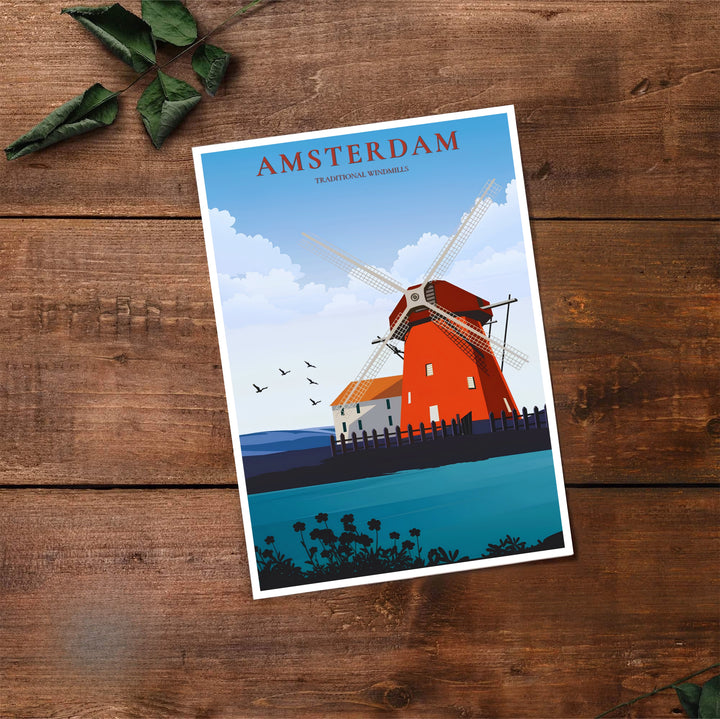 Retro travel print of a red windmill on the waterfront in Amsterdam Netherlands, available at MapYourDreams where you can select from unframed paper prints, gallery canvas, or custom framed wall art options for modern mid-century home decor setups.