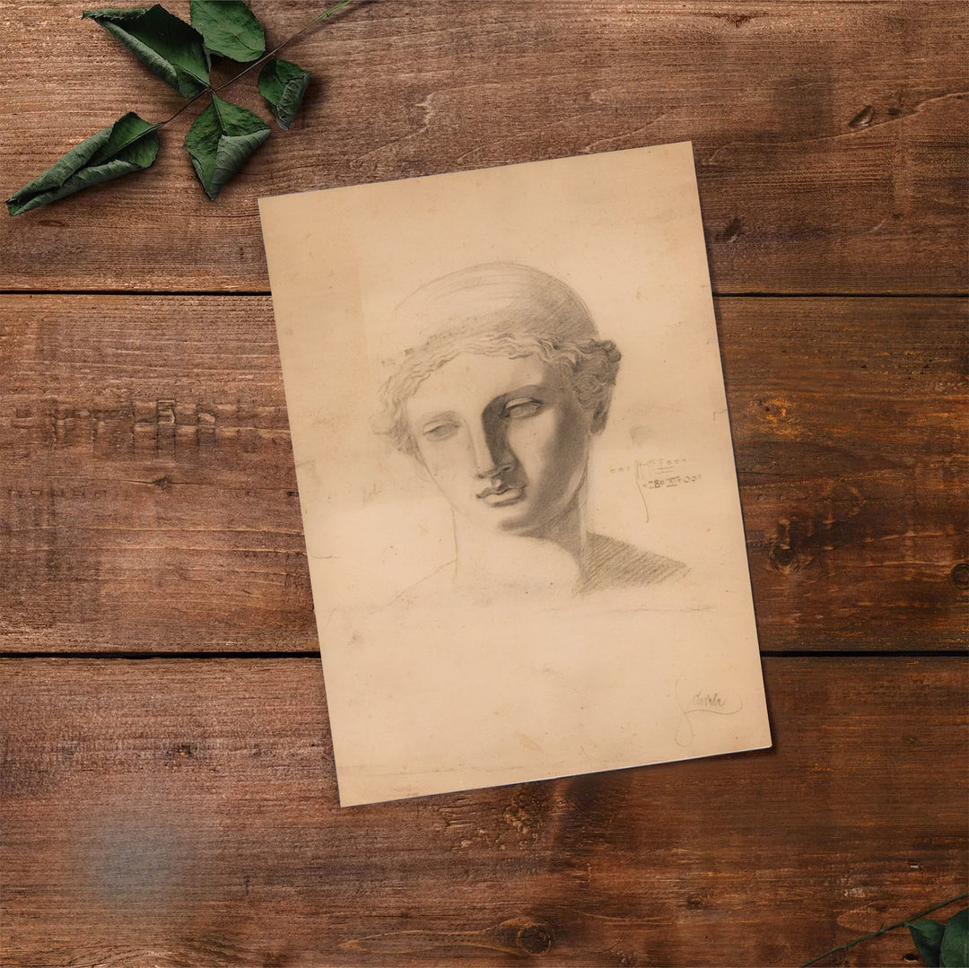 Fine art pencil drawing reproduction of Egon Schiele Antique Head Study 1905 from Leopold Museum Vienna showcasing gentle volumetric form. Select premium framed wall art, unframed paper poster prints, and stretched canvas decor options at MapYourDreams for understated room displays.