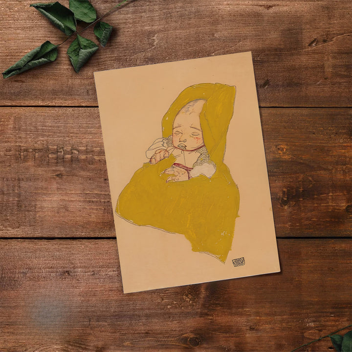 Fine art infant portrait reproduction of Egon Schiele Infant On A Changing Pad 1915 from Leopold Museum Vienna showcasing sleeping child form. Select premium framed wall art, unframed paper poster prints, and stretched canvas decor options at MapYourDreams for understated room displays.