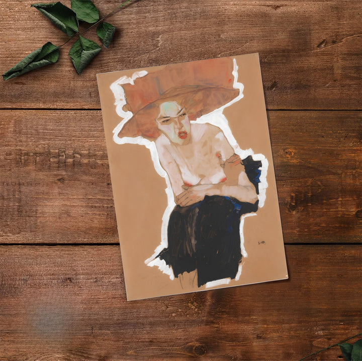 Fine art figure reproduction of Egon Schiele Seated Woman With Hat 1910 from Vienna Austria showcasing bold gouache brushwork. Select premium framed wall art, unframed paper poster prints, and stretched canvas decor options at MapYourDreams for statement room displays.