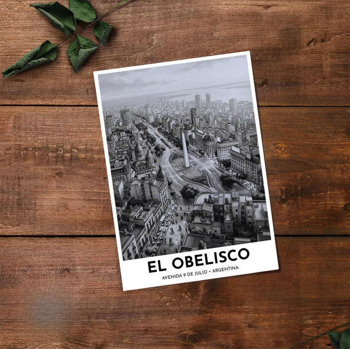Monochrome cityscape print displaying French-influenced buildings and busy traffic surrounding El Obelisco. Made by MapYourDreams, this artistic composition can be purchased as an unframed print, elegantly mounted in wood frames, or produced on stretched canvas.