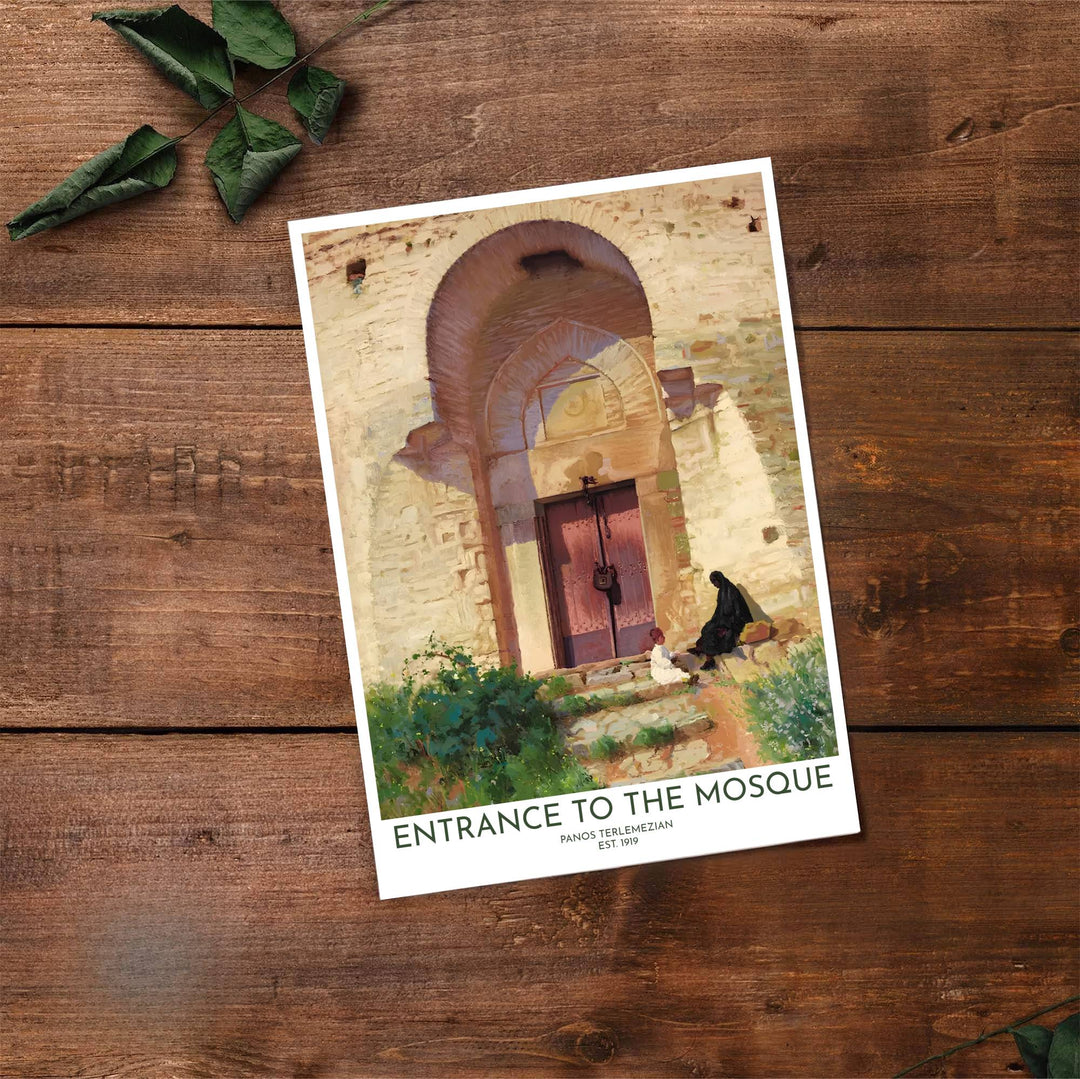 Fine art travel poster of Entrance to the Mosque by Panos Terlemezian with clean title text and subtitle reading EST 1919. Provided by MapYourDreams, this artwork is available in flexible options including unframed paper, custom wooden frames, and gallery canvas wraps for contemporary setups.