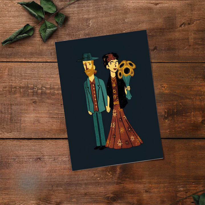 Fine art lover poster style print of Frida Kahlo And Van Gogh Couple 1939 illustrating two iconic master painters in Coyoacán, Mexico City. Select premium framed wall art, unframed paper prints, and stretched canvas decor options at MapYourDreams for a striking room centerpiece.