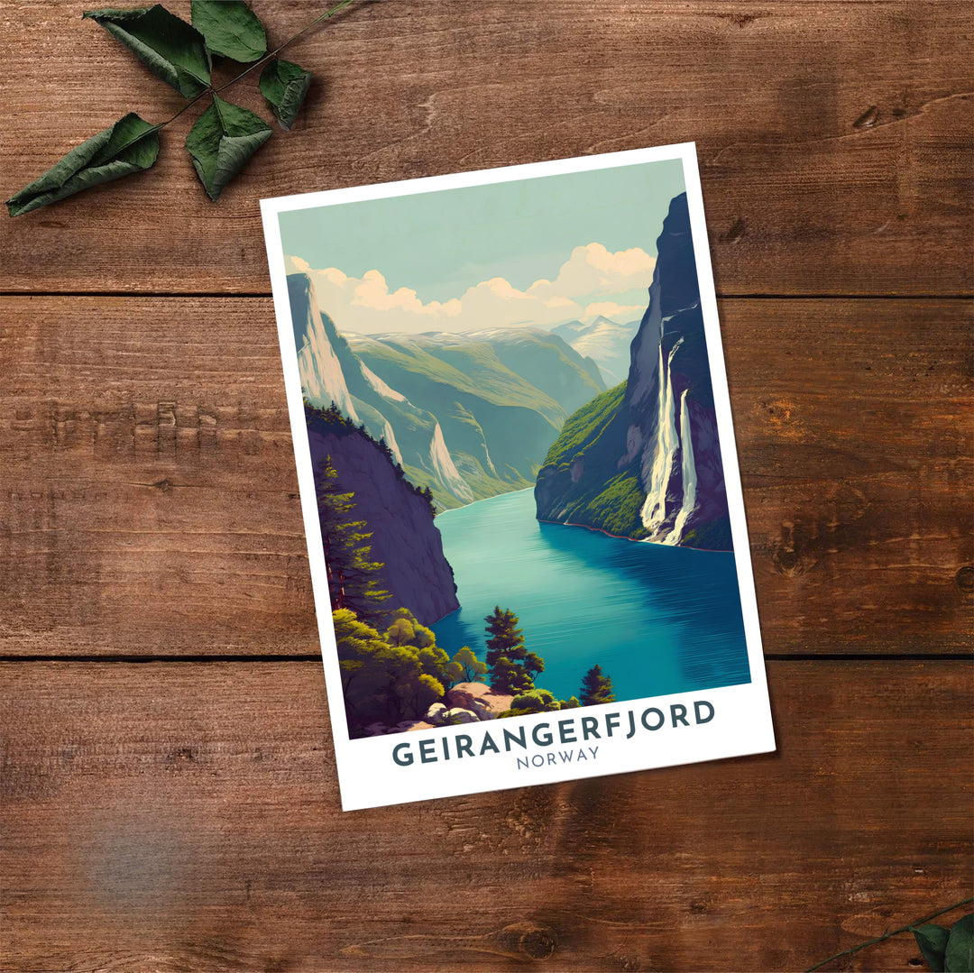 Charming graphic landscape poster of Geirangerfjord Norway highlighting steep rocky mountains and waterfalls in classic travel style. A must-have for Scandinavian decor enthusiasts, this print arrives in flexible options including sleek framed styles, archival unframed prints, and stretched canvas wraps.