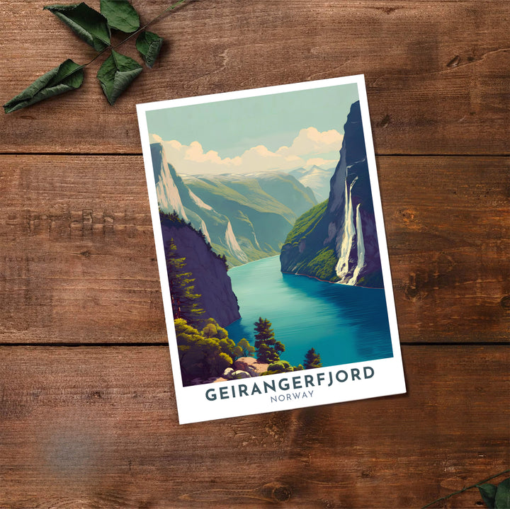 Charming graphic landscape poster of Geirangerfjord Norway highlighting steep rocky mountains and waterfalls in classic travel style. A must-have for Scandinavian decor enthusiasts, this print arrives in flexible options including sleek framed styles, archival unframed prints, and stretched canvas wraps.