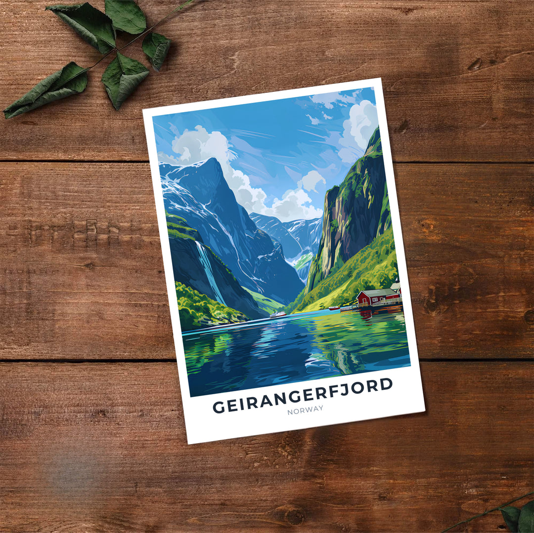 Charming graphic design print of Geirangerfjord Norway highlighting a cruise liner, cascading waterfalls, and dramatic fjord valley contours. A must-have for world travelers, this fine art poster arrives in flexible formats including sleek framed styles, archival unframed prints, and stretched canvas options.