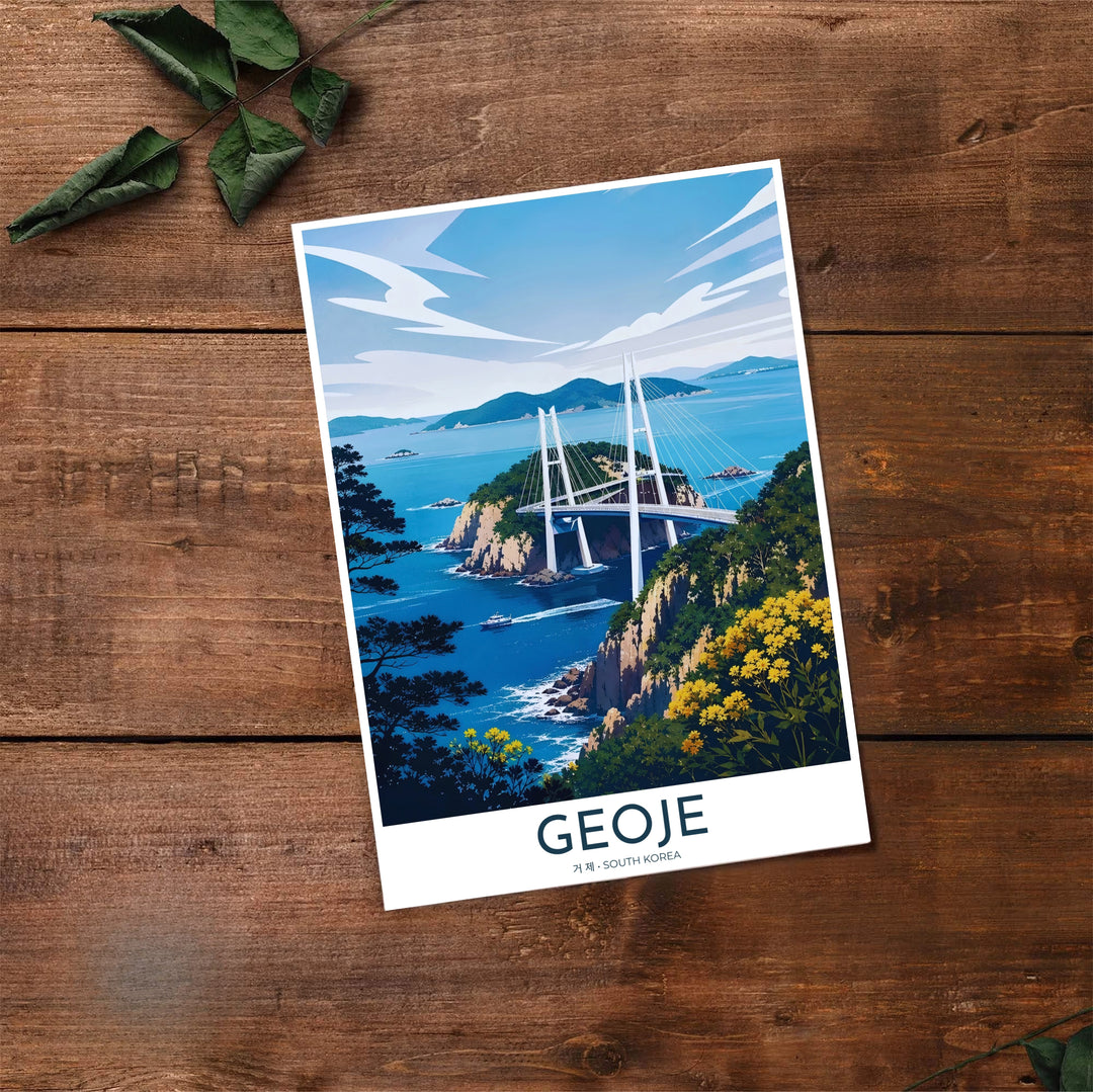 High-contrast line art travel print of Geoje, South Korea, featuring yellow hillside wildflowers, dark evergreen pine trees, and the striking white towers of Geoga Bridge. Offered by MapYourDreams, this artwork is available in flexible options including unframed paper, custom wooden frames, and gallery canvas wraps.