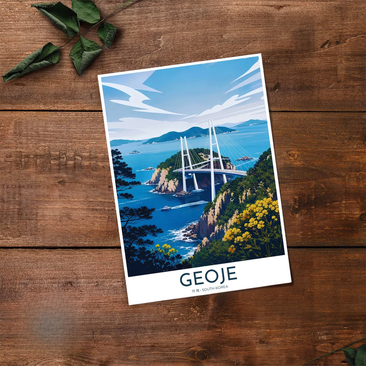 High-contrast line art travel print of Geoje, South Korea, featuring yellow hillside wildflowers, dark evergreen pine trees, and the striking white towers of Geoga Bridge. Offered by MapYourDreams, this artwork is available in flexible options including unframed paper, custom wooden frames, and gallery canvas wraps.