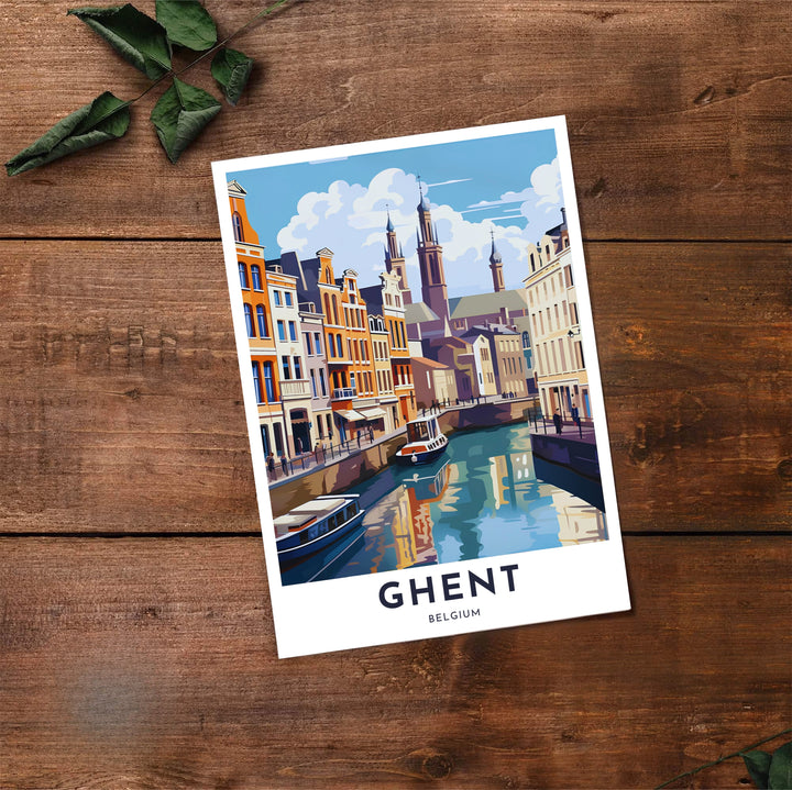 Modern retro print presenting a bright, sunny afternoon view along the canals in Ghent, Belgium. Offered by MapYourDreams, this artwork is available in flexible options including unframed paper, custom wooden frames, and gallery canvas wraps.