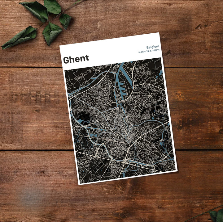 Sleek cartographic travel poster illustrating the detailed street grid of Ghent, Belgium. Offered by MapYourDreams, this artwork is available in flexible options including unframed paper, custom wooden frames, and gallery canvas wraps.