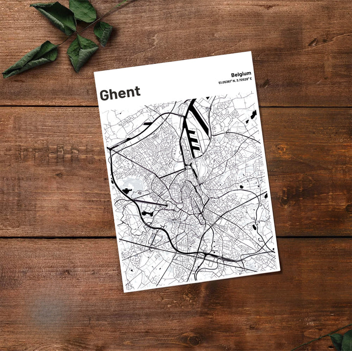Sleek cartographic travel poster illustrating the detailed street grid of Ghent, Belgium. Offered by MapYourDreams, this artwork is available in flexible options including unframed paper, custom wooden frames, and gallery canvas wraps.
