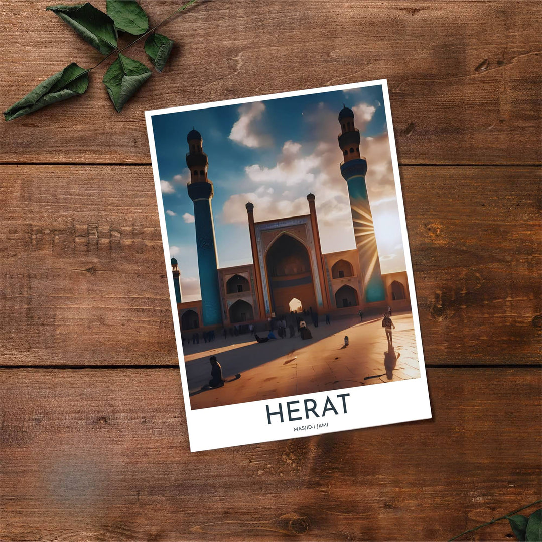 Fine art travel poster of Great Mosque of Herat with clean title text and subtitle reading MASJID-I JAMI. Provided by MapYourDreams, this artwork is available in flexible options including unframed paper, custom wooden frames, and gallery canvas wraps for contemporary setups.