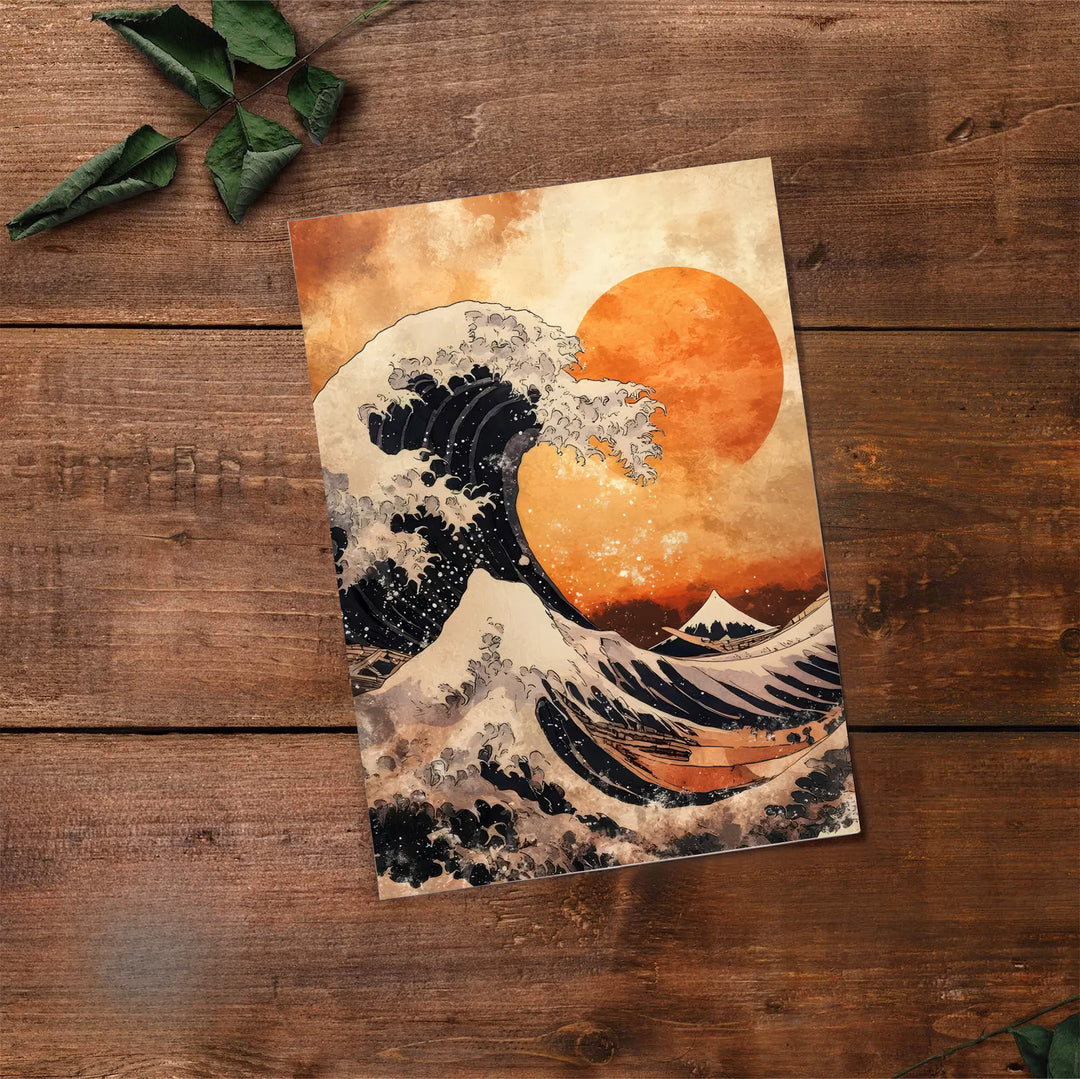 Historic Japanese sunset ocean print by artist Katsushika Hokusai with red sun rays reflecting Kanagawa coast printmaking traditions. Select premium framed, unframed, and canvas wall decor options at MapYourDreams.