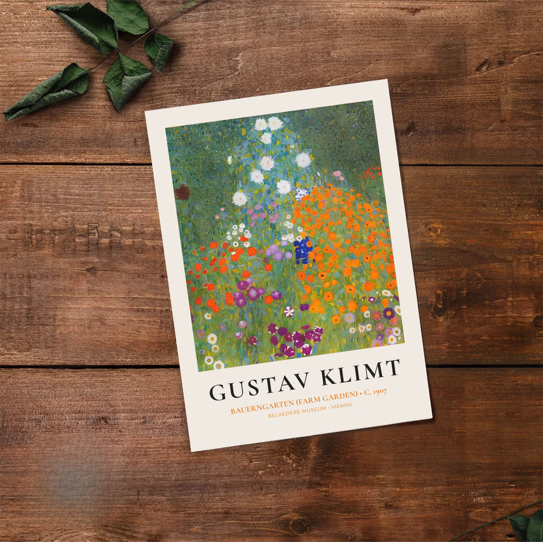 Classic European floral wall art print of Gustav Klimt Bauerngarten Farm Garden 1907 showing garden blooms from the Belvedere Museum in Vienna, Austria. Select premium framed wall art, unframed paper prints, and stretched canvas decor options at MapYourDreams for an eye-catching focal point.