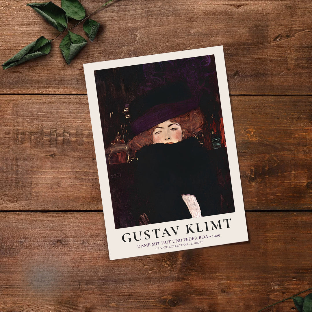 Classic European fine art poster of Gustav Klimt Dame Mit Hut Und Federboa 1909 showing portrait detail from a Private Collection in Europe. Select premium framed wall art, unframed paper poster prints, and stretched canvas decor options at MapYourDreams for an eye-catching focal point.