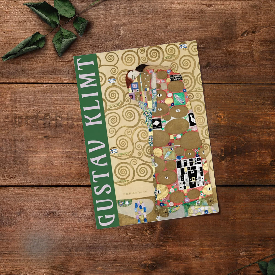 Classic European gold fine art poster of Gustav Klimt Fulfillment Die Erfullung 1909 showing frieze detail from the Stoclet Palace in Brussels Belgium. Select premium framed wall art, unframed paper poster prints, and stretched canvas decor options at MapYourDreams for a focal point.
