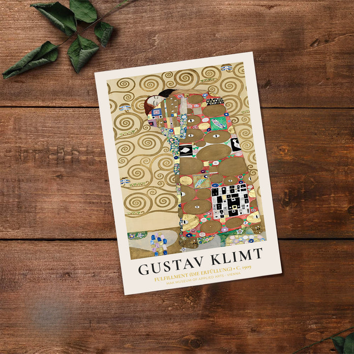 Classic European gold fine art poster of Gustav Klimt Fulfillment Die Erfüllung 1909 showing mosaic details from the Palais Stoclet in Brussels Belgium. Select premium framed wall art, unframed paper poster prints, and stretched canvas decor options at MapYourDreams for a stunning focal point.