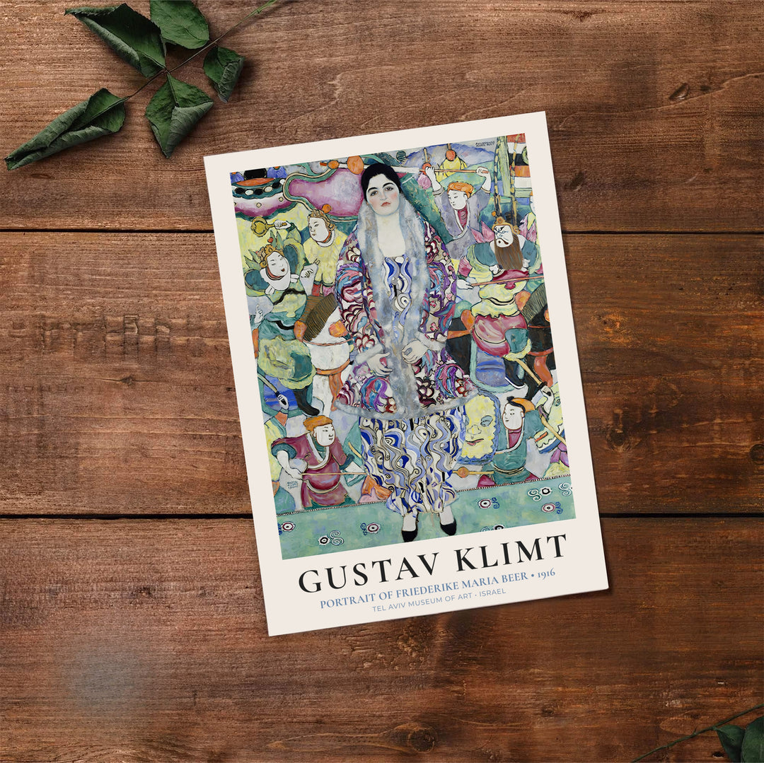 Elegant museum wall art poster of Gustav Klimt Portrait Of Friederike Maria Beer 1916 displaying original 1916 portrait painting from Tel Aviv Museum of Art in Israel. MapYourDreams features custom framed prints, unframed paper wall poster decor, and gallery canvas options for living rooms.