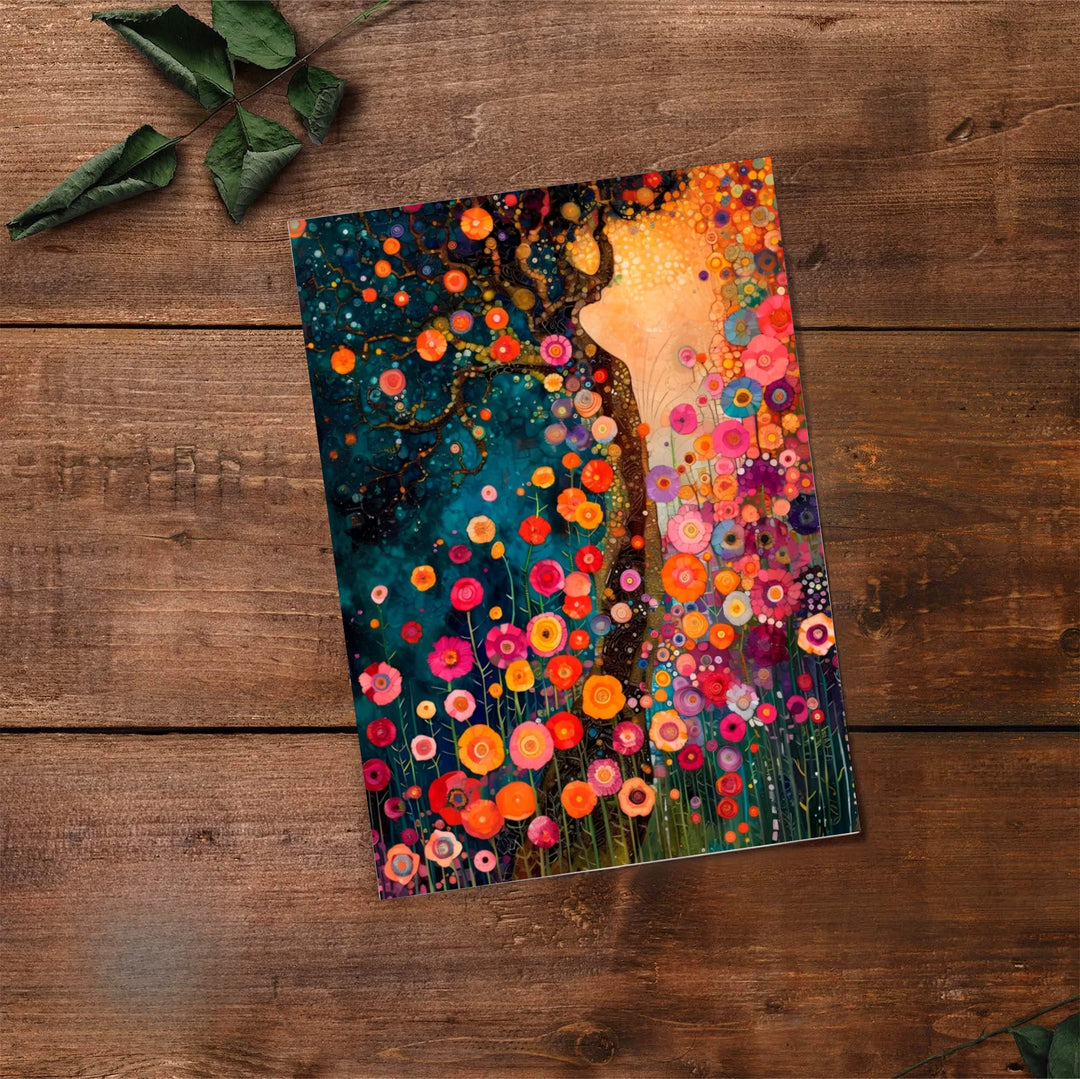 Enchanted forest wall poster of Gustav Klimt Style Dream Of Flowers illustrating a dreamlike starry sky and lush flower beds. MapYourDreams delivers archival framed wall art, unframed paper poster prints, and gallery canvas wall decor for colorful living room and dining room walls.
