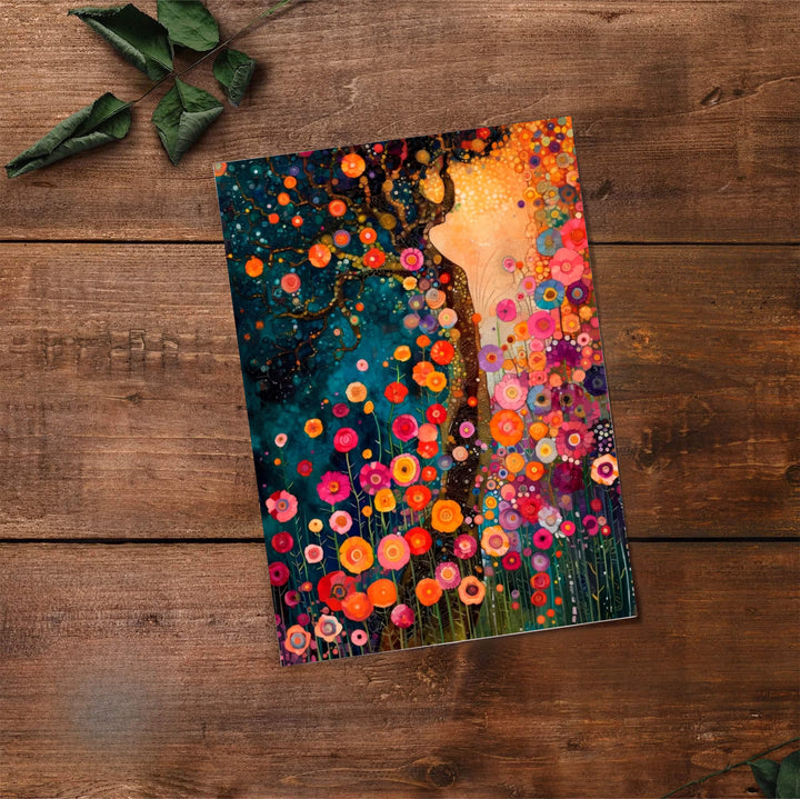 Enchanted forest wall poster of Gustav Klimt Style Dream Of Flowers illustrating a dreamlike starry sky and lush flower beds. MapYourDreams delivers archival framed wall art, unframed paper poster prints, and gallery canvas wall decor for colorful living room and dining room walls.