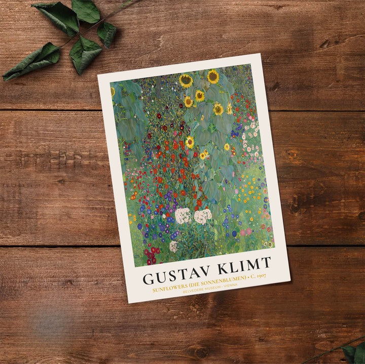Iconic golden era floral print of Gustav Klimt Sunflowers Die Sonnenblumen 1907 located in Belvedere Museum Vienna featuring giant yellow blossoms. Discover custom framed prints, unframed poster options, and stretched canvas wall decor at MapYourDreams for colorful gallery wall displays.