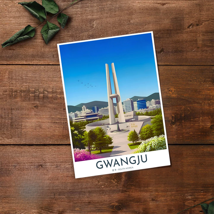 High-contrast line art travel poster depicting Gwangju&