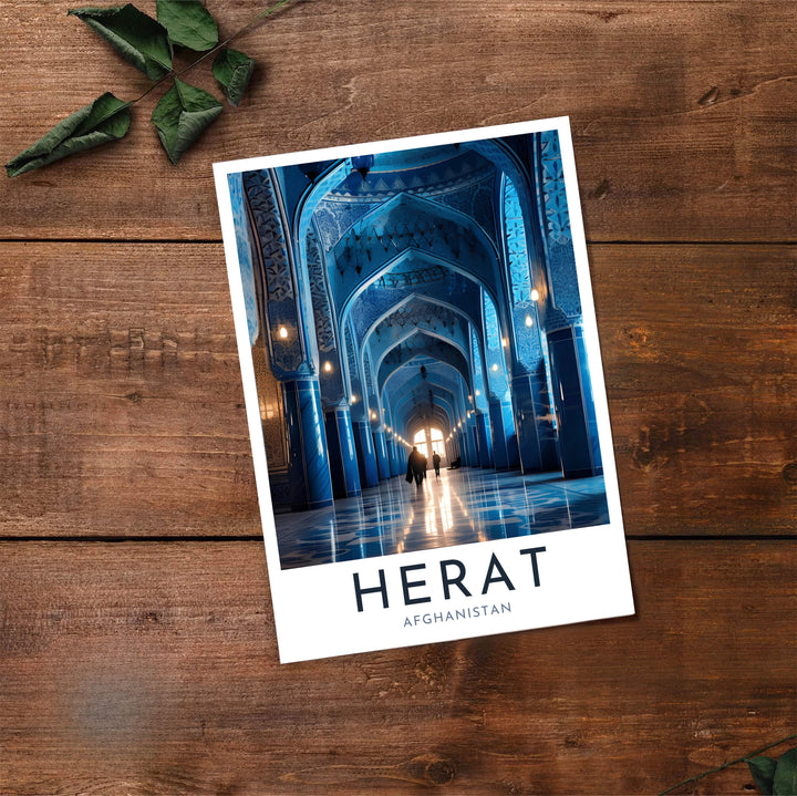 Fine photography art poster of Herat Blue Mosque in Afghanistan displaying turquoise tiled arcades and polished floors, available at MapYourDreams as an unframed print, gallery canvas, or custom framed wall decor in natural wood, white, and silver finishes for living room gallery walls.