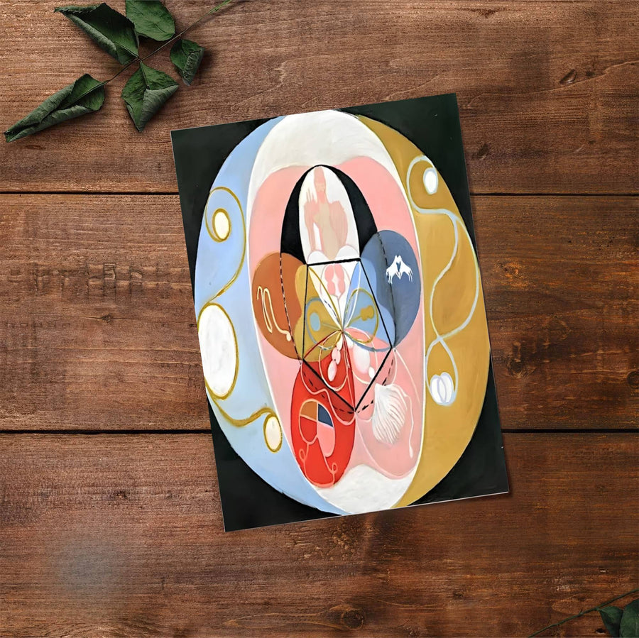 Designed to elevate contemporary home decor with an intellectual edge, this Hilma af Klint Evolution No 14 decor piece pairs deep night tones with vibrant gold and soft rose architectural accents. Offered by MapYourDreams, this artwork is available in flexible options including unframed paper, custom wooden frames, and gallery canvas wraps.