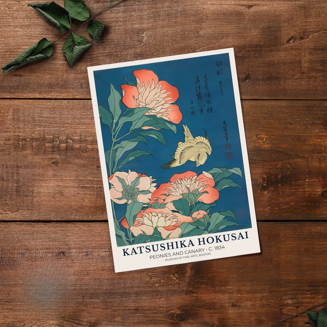 Historic Japanese botanical print Peonies and Canary by artist Katsushika Hokusai with authentic calligraphy reflecting Boston museum exhibition standards. Select premium framed, unframed, and canvas wall decor options at MapYourDreams.
