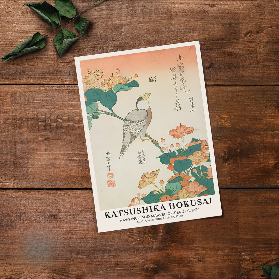 Japandi botanical Japanese canvas print showcasing Hawfinch and Marvel-of-Peru vintage artwork by artist Katsushika Hokusai in Boston. Buy high-definition framed, unframed, and canvas poster prints directly from MapYourDreams.