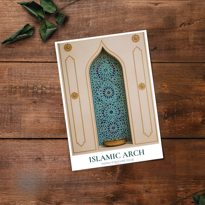 Fine art architectural poster of an Islamic arch with clean title text and subtitle reading PATINA TURQUOISE ZELLIJ. Provided by MapYourDreams, this artwork is available in flexible options including unframed paper, custom wooden frames, and gallery canvas wraps for contemporary setups.